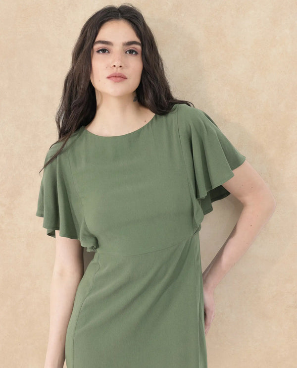 Rareism Women's Dana Green Crew Neck Zipper Closure Ruffled Sleeve Plain Fit And Flare Midi Dress