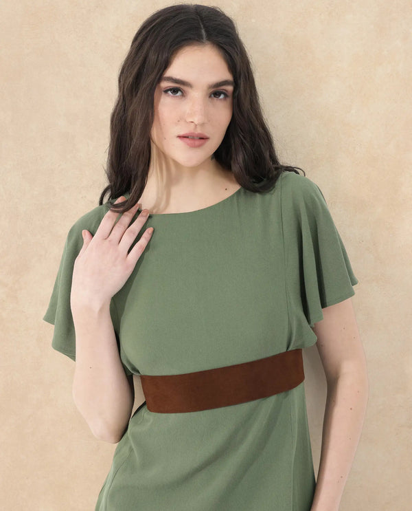 Rareism Women's Dana Green Crew Neck Zipper Closure Ruffled Sleeve Plain Fit And Flare Midi Dress