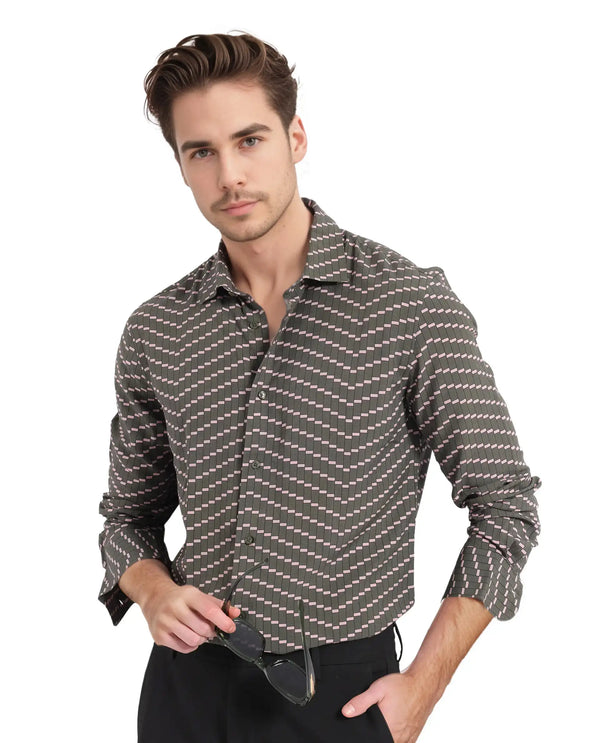Rare Rabbit Men Dandy Dark Olive Viscose Fabric Full Sleeve Regular Fit Digital Print Shirt