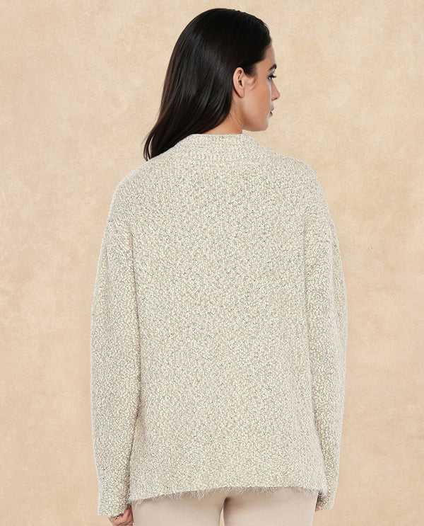 Rareism Women Danicata Beige Polyester Nylon Fabric Oversized Fit Plain Sweater