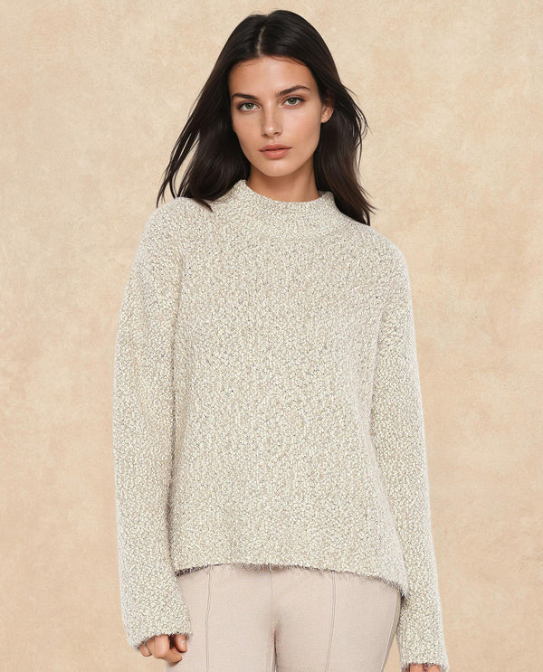Rareism Women Danicata Beige Polyester Nylon Fabric Oversized Fit Plain Sweater