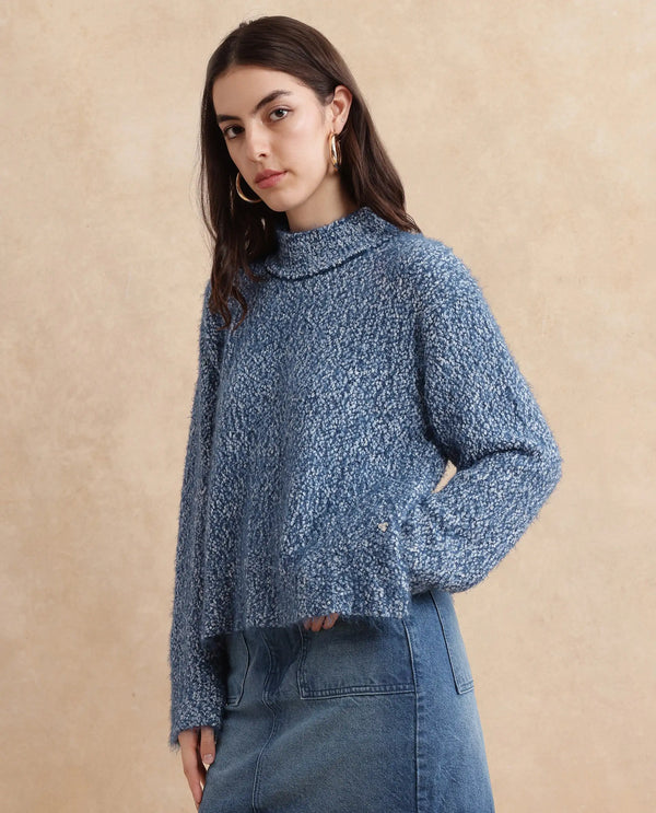 Rareism Women Danicata Blue Polyester Nylon Fabric Oversized Fit Plain Sweater