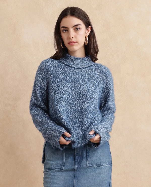 Rareism Women Danicata Blue Polyester Nylon Fabric Oversized Fit Plain Sweater