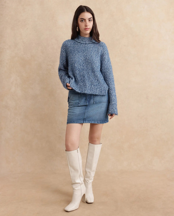 Rareism Women Danicata Blue Polyester Nylon Fabric Oversized Fit Plain Sweater