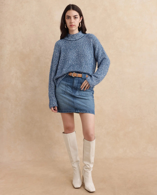 Rareism Women Danicata Blue Polyester Nylon Fabric Oversized Fit Plain Sweater