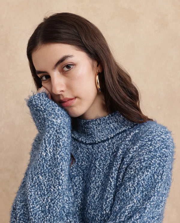 Rareism Women Danicata Blue Polyester Nylon Fabric Oversized Fit Plain Sweater