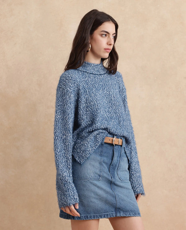 Rareism Women Danicata Blue Polyester Nylon Fabric Oversized Fit Plain Sweater