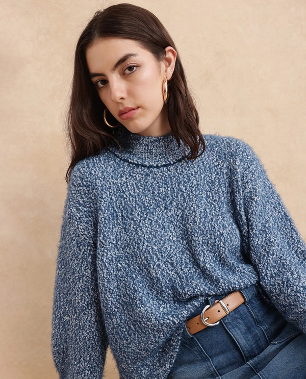 Rareism Women Danicata Blue Polyester Nylon Fabric Oversized Fit Plain Sweater