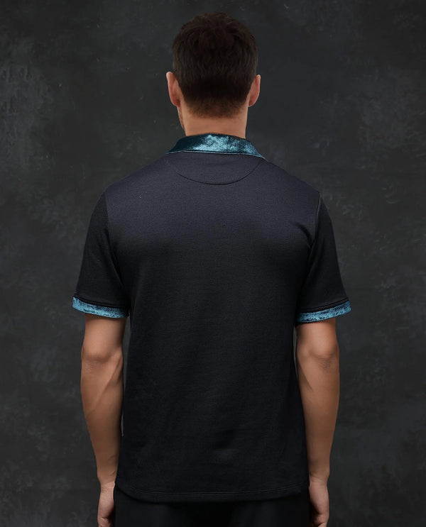 Rare Rabbit Men Danil-1 Black Short Sleeve Collared Neck Button Closure Plain Polo