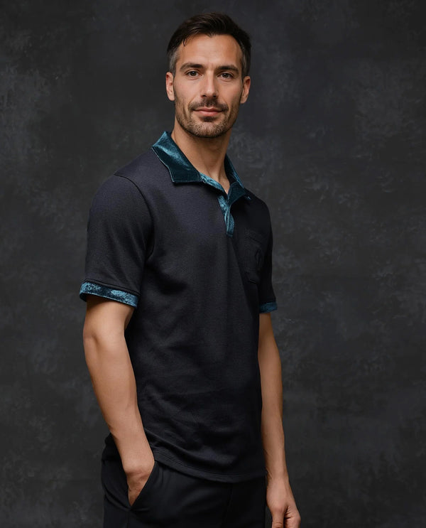 Rare Rabbit Men Danil-1 Black Short Sleeve Collared Neck Button Closure Plain Polo