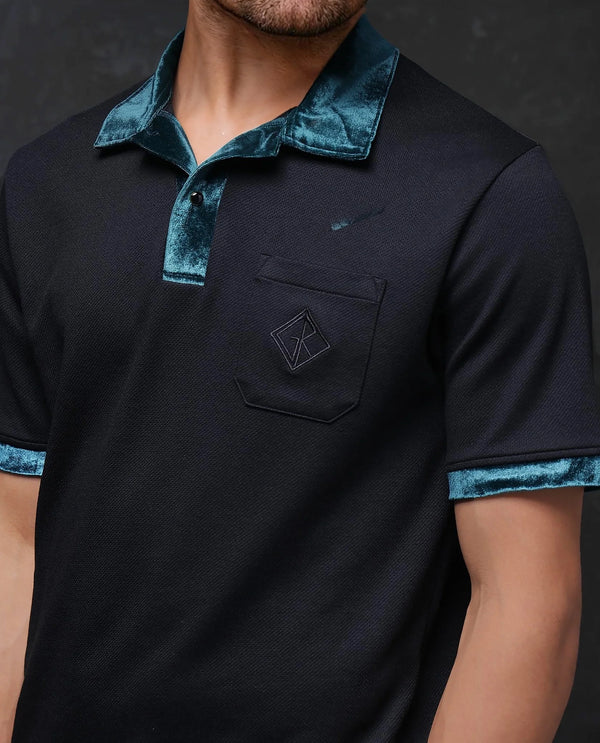 Rare Rabbit Men Danil-1 Black Short Sleeve Collared Neck Button Closure Plain Polo