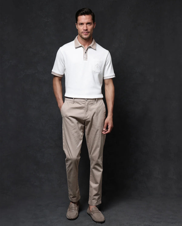 Rare Rabbit Men Danil-1 Off White Cotton Fabric Contrast Detailing Velvet Collar And Sleeves Half Sleeve Polo T-Shirt