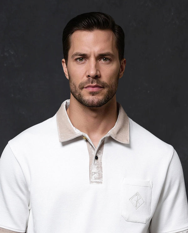 Rare Rabbit Men Danil-1 Off White Cotton Fabric Contrast Detailing Velvet Collar And Sleeves Half Sleeve Polo T-Shirt