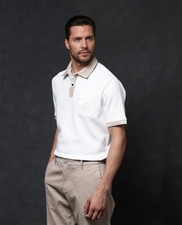 Rare Rabbit Men Danil-1 Off White Cotton Fabric Contrast Detailing Velvet Collar And Sleeves Half Sleeve Polo T-Shirt