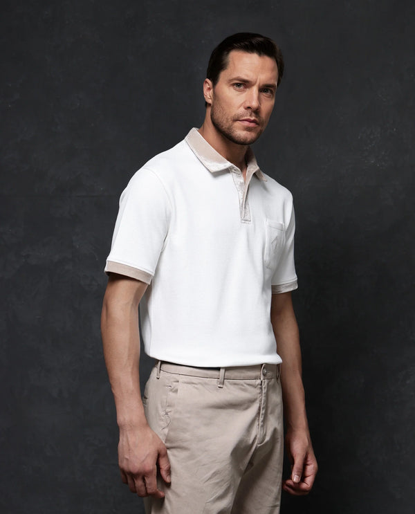 Rare Rabbit Men Danil-1 Off White Cotton Fabric Contrast Detailing Velvet Collar And Sleeves Half Sleeve Polo T-Shirt