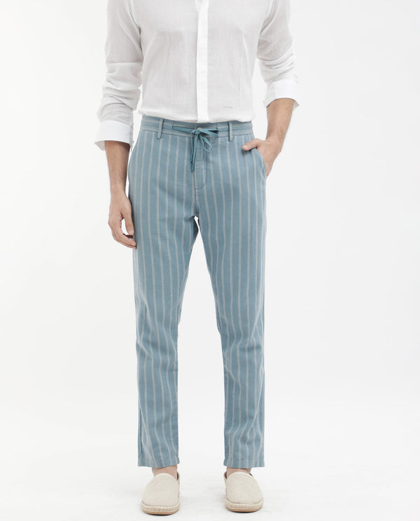 Rare Rabbit Men's Dano Light Blue Cotton Linen Stripes Trousers