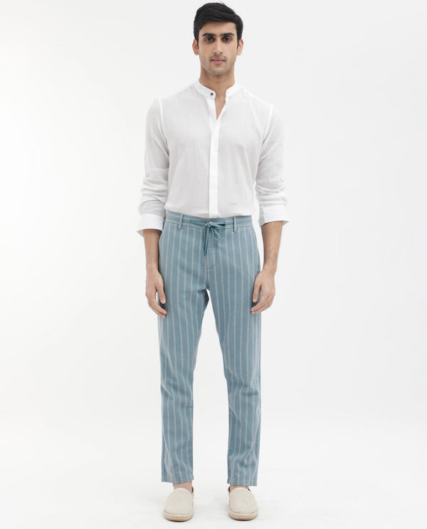 Rare Rabbit Men's Dano Light Blue Cotton Linen Stripes Trousers