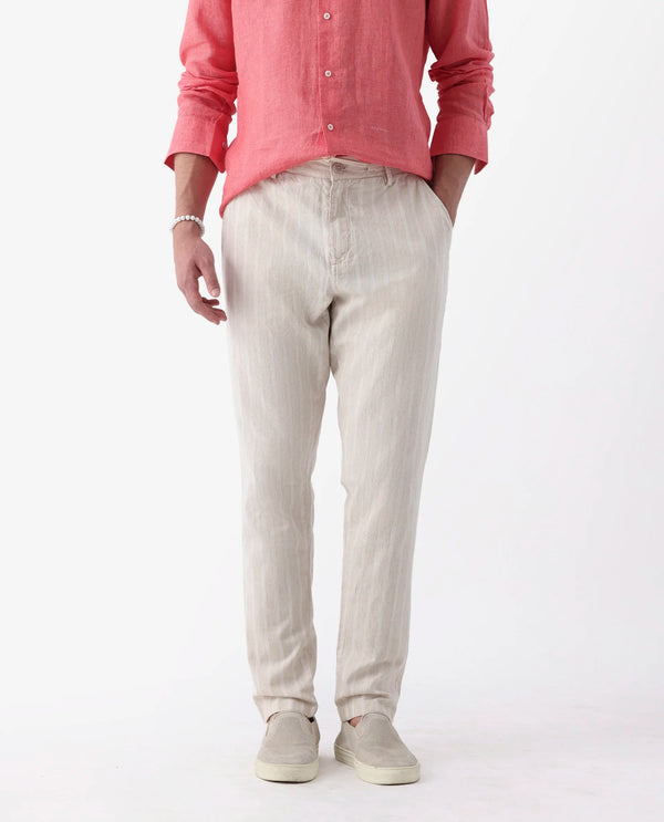 Rare Rabbit Men's Dano Beige Cotton Linen Stripes Trousers