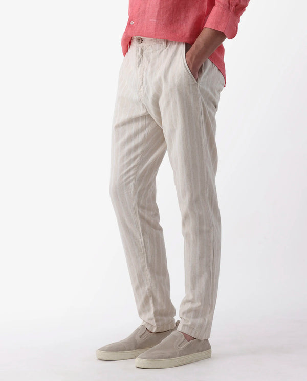 Rare Rabbit Men's Dano Beige Cotton Linen Stripes Trousers
