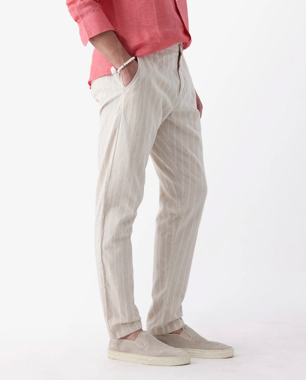 Rare Rabbit Men's Dano Beige Cotton Linen Stripes Trousers