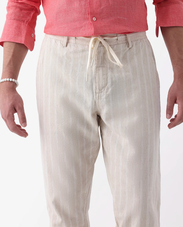 Rare Rabbit Men's Dano Beige Cotton Linen Stripes Trousers