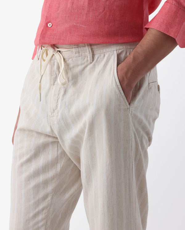 Rare Rabbit Men's Dano Beige Cotton Linen Stripes Trousers