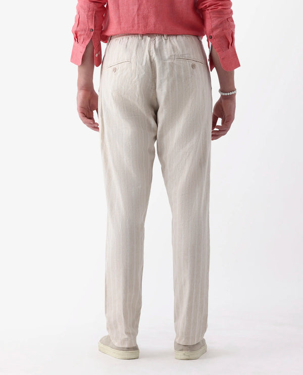 Rare Rabbit Men's Dano Beige Cotton Linen Stripes Trousers