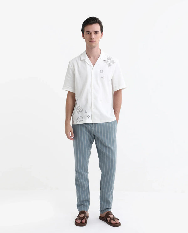 Rare Rabbit Men's Dano Light Blue Cotton Linen Stripes Trousers
