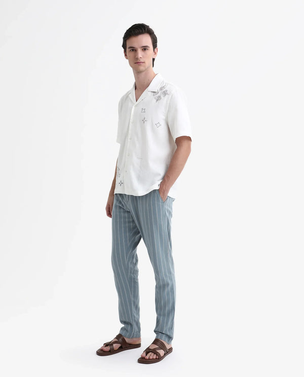 Rare Rabbit Men's Dano Light Blue Cotton Linen Stripes Trousers