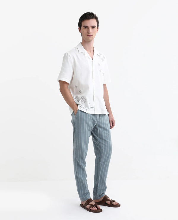 Rare Rabbit Men's Dano Light Blue Cotton Linen Stripes Trousers