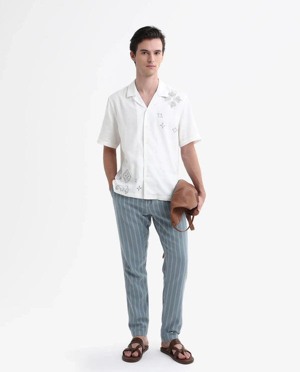 Rare Rabbit Men's Dano Light Blue Cotton Linen Stripes Trousers