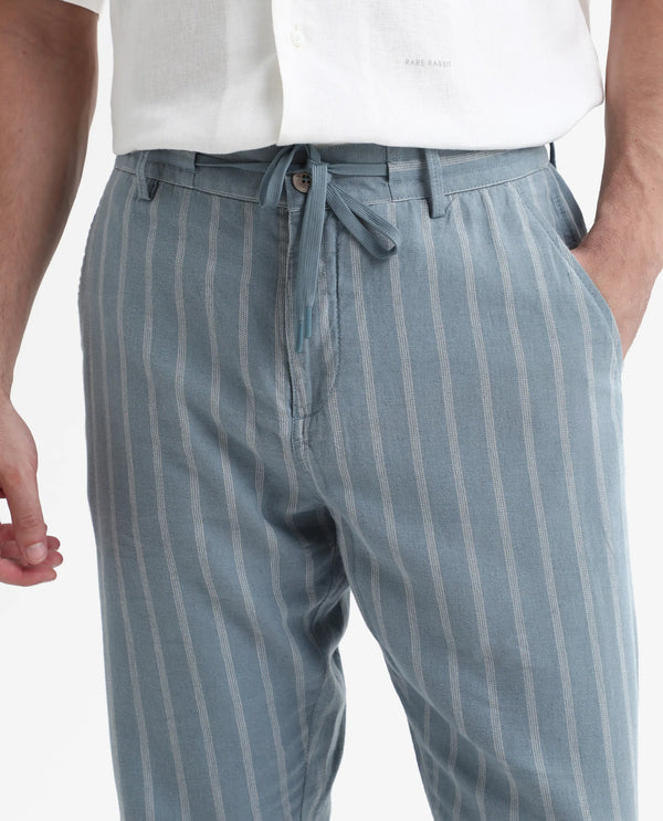 Rare Rabbit Men's Dano Light Blue Cotton Linen Stripes Trousers