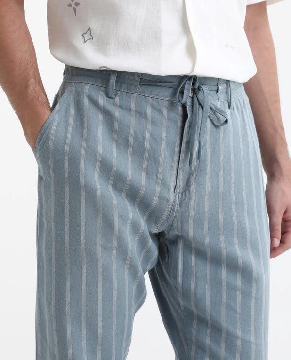 Rare Rabbit Men's Dano Light Blue Cotton Linen Stripes Trousers