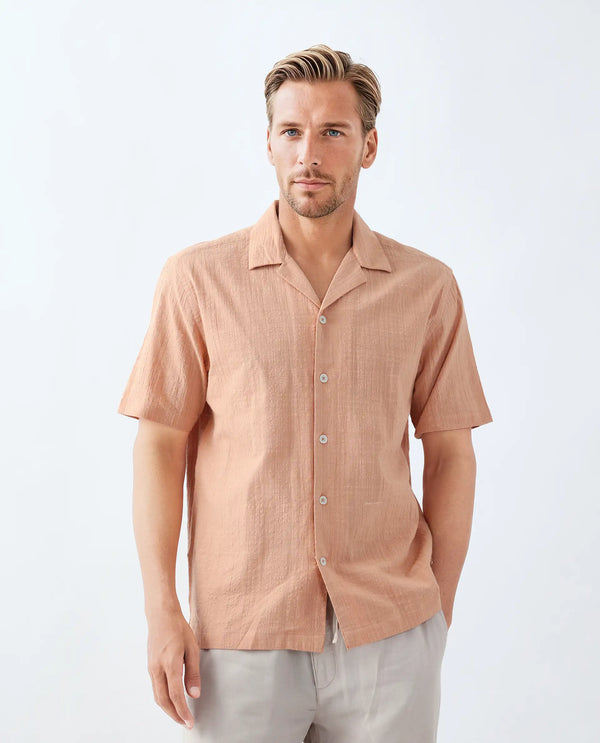 Rare Rabbit Men's Dara Dusky Peach Cotton Fabric Half Sleeve Cuban Collar Button Closure Boxy Fit Checked Shirt