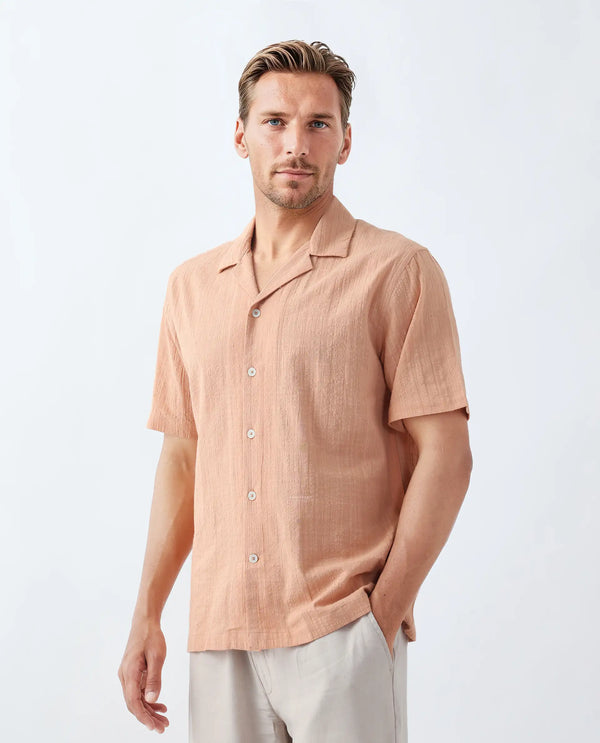 Rare Rabbit Men's Dara Dusky Peach Cotton Fabric Half Sleeve Cuban Collar Button Closure Boxy Fit Checked Shirt