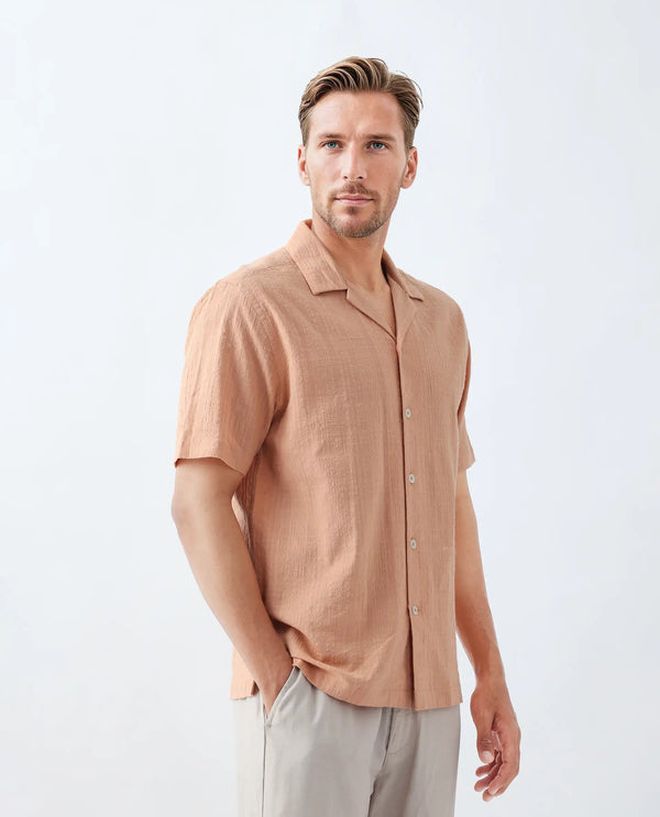 Rare Rabbit Men's Dara Dusky Peach Cotton Fabric Half Sleeve Cuban Collar Button Closure Boxy Fit Checked Shirt