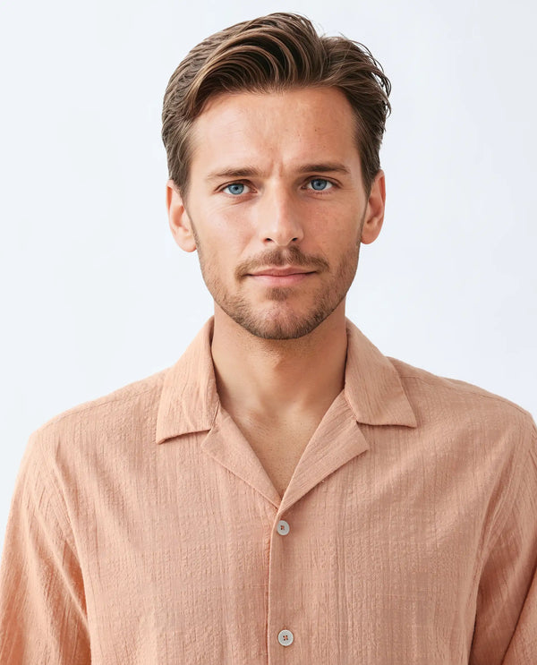 Rare Rabbit Men's Dara Dusky Peach Cotton Fabric Half Sleeve Cuban Collar Button Closure Boxy Fit Checked Shirt