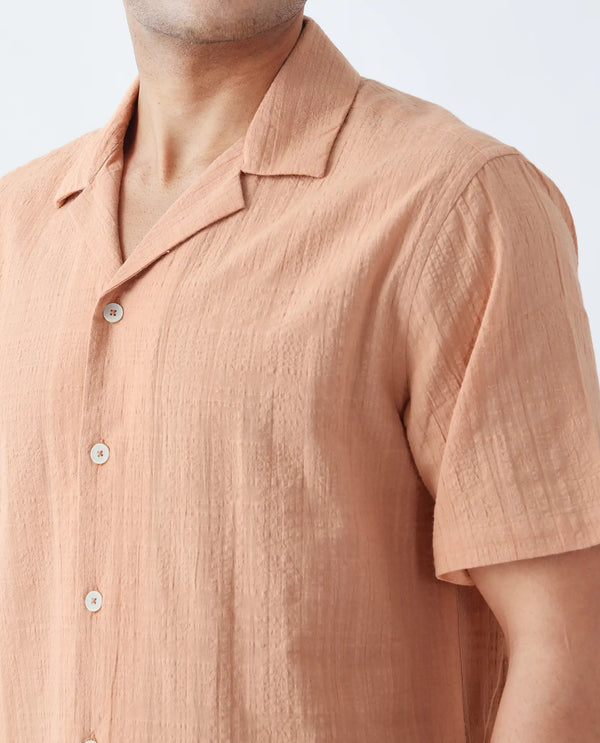 Rare Rabbit Men's Dara Dusky Peach Cotton Fabric Half Sleeve Cuban Collar Button Closure Boxy Fit Checked Shirt