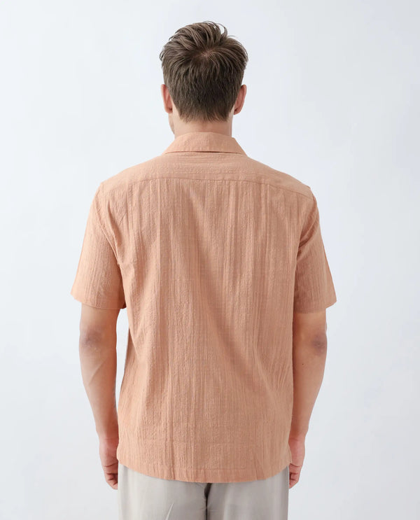 Rare Rabbit Men's Dara Dusky Peach Cotton Fabric Half Sleeve Cuban Collar Button Closure Boxy Fit Checked Shirt