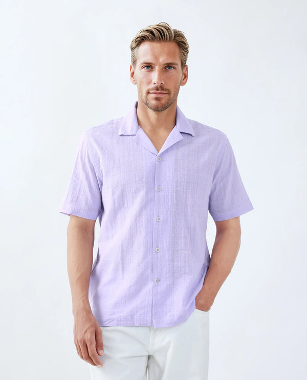 Rare Rabbit Men's Dara Pastel Purple Cotton Fabric Half Sleeve Cuban Collar Button Closure Boxy Fit Checked Shirt
