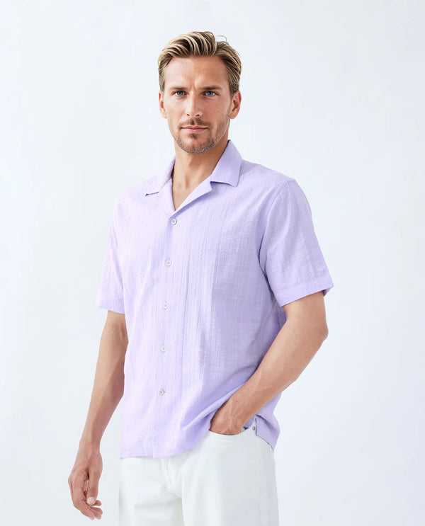 Rare Rabbit Men's Dara Pastel Purple Cotton Fabric Half Sleeve Cuban Collar Button Closure Boxy Fit Checked Shirt