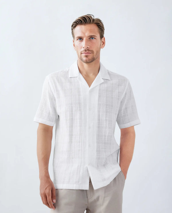 Rare Rabbit Men's Dara White Cotton Fabric Half Sleeve Cuban Collar Button Closure Boxy Fit Checked Shirt