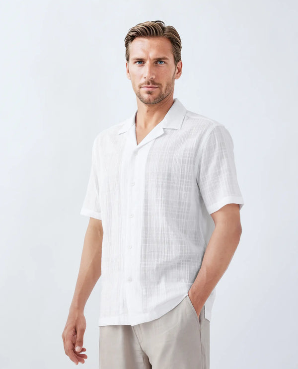 Rare Rabbit Men's Dara White Cotton Fabric Half Sleeve Cuban Collar Button Closure Boxy Fit Checked Shirt