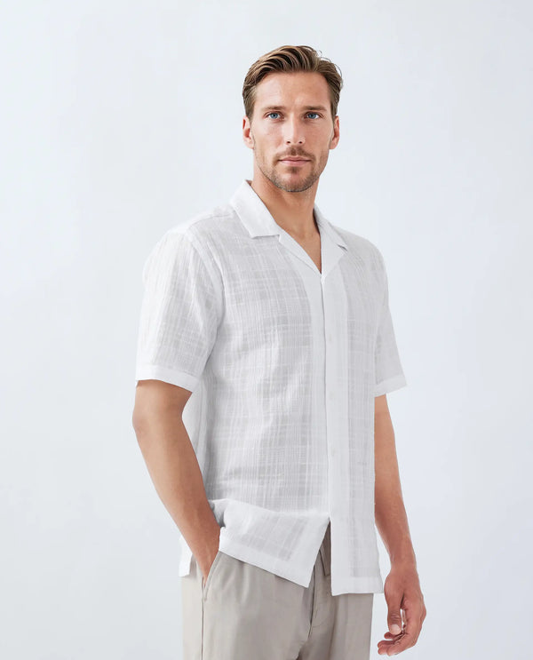 Rare Rabbit Men's Dara White Cotton Fabric Half Sleeve Cuban Collar Button Closure Boxy Fit Checked Shirt