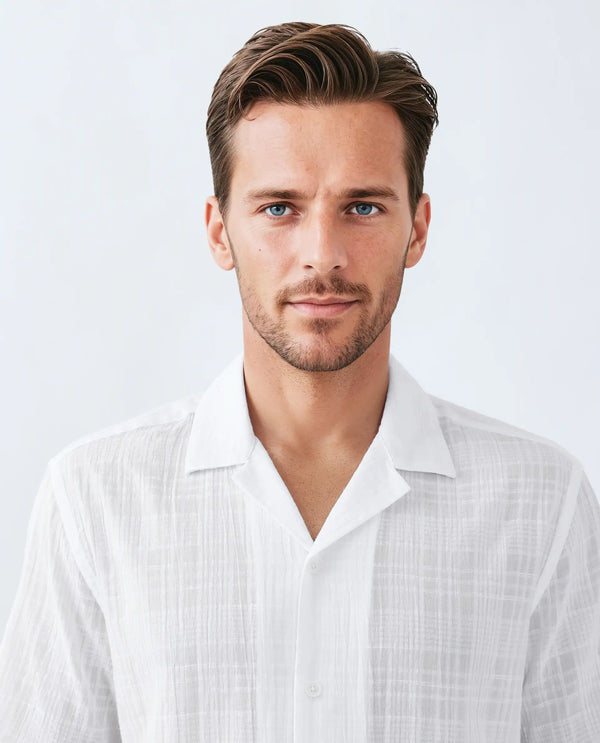 Rare Rabbit Men's Dara White Cotton Fabric Half Sleeve Cuban Collar Button Closure Boxy Fit Checked Shirt
