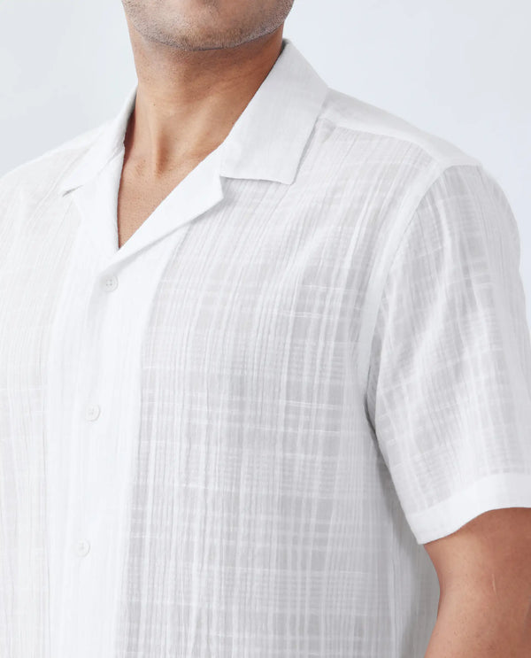Rare Rabbit Men's Dara White Cotton Fabric Half Sleeve Cuban Collar Button Closure Boxy Fit Checked Shirt