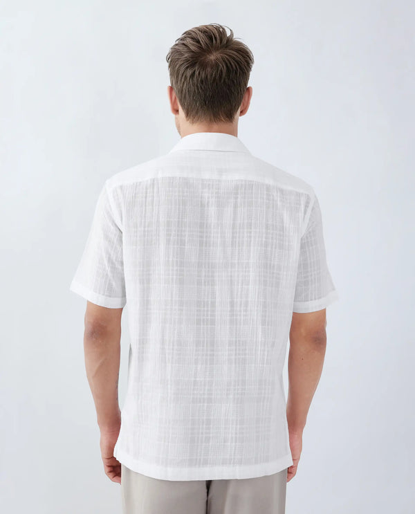 Rare Rabbit Men's Dara White Cotton Fabric Half Sleeve Cuban Collar Button Closure Boxy Fit Checked Shirt