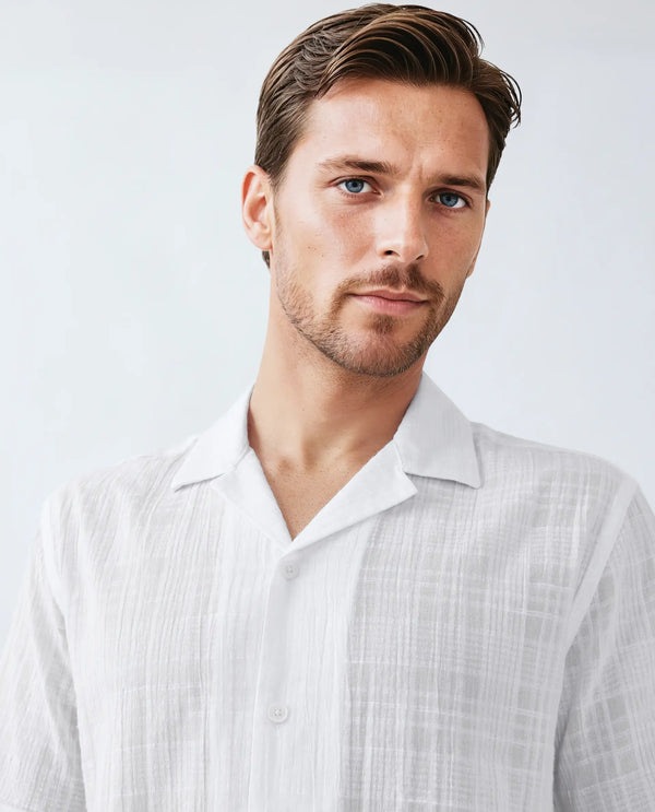 Rare Rabbit Men's Dara White Cotton Fabric Half Sleeve Cuban Collar Button Closure Boxy Fit Checked Shirt
