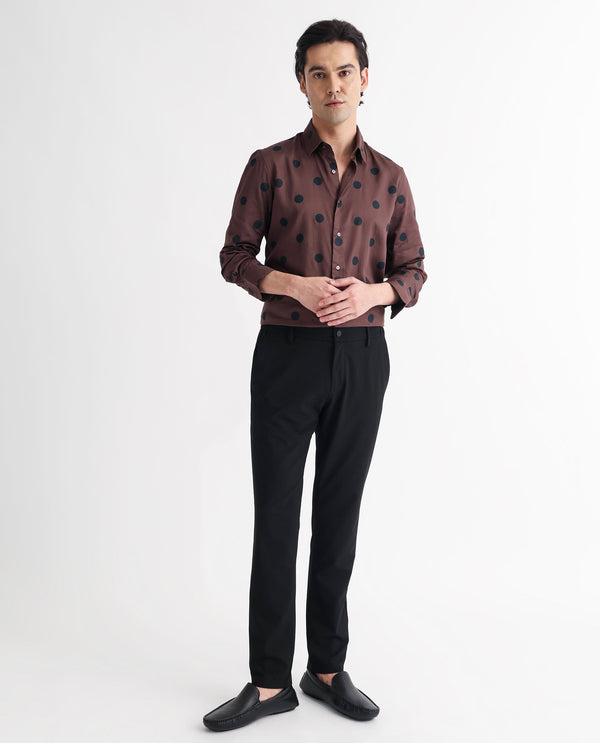 Rare Rabbit Men's Dare Brown Cotton Modal Fabric Polka Print Full Sleeves Shirt