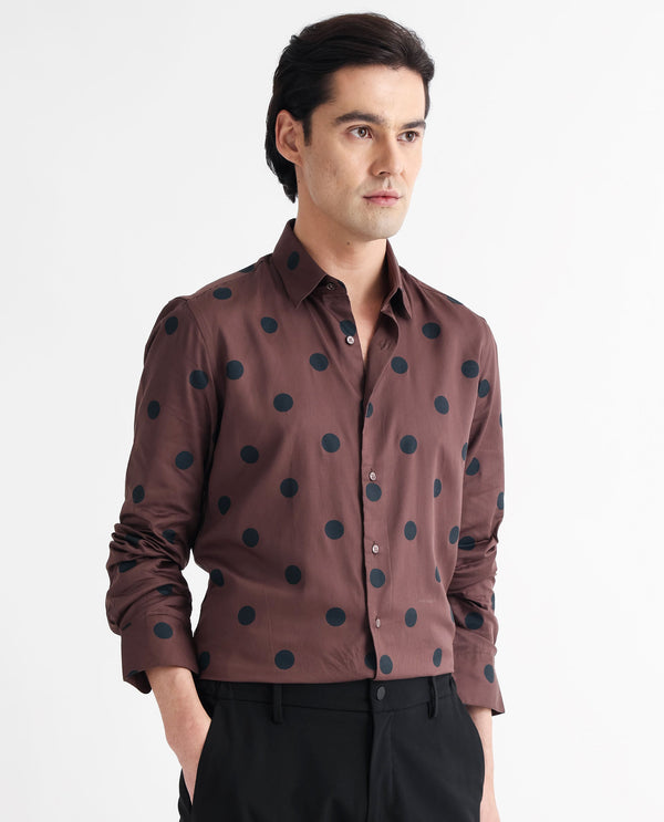 Rare Rabbit Men's Dare Brown Cotton Modal Fabric Polka Print Full Sleeves Shirt
